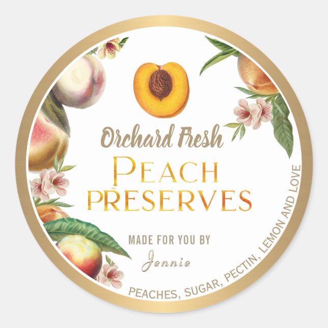 Gold Bordered Homemade Peach Jam Jelly Label (Front)