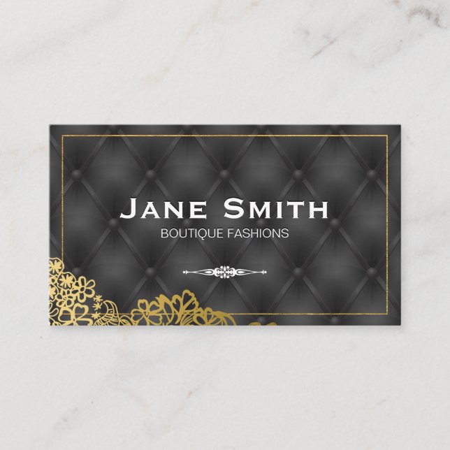 Gold Borders | Black Upholstered Padding Business Card (Front)