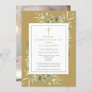 Gold Botanical Celebration of Life Funeral Photo Invitation