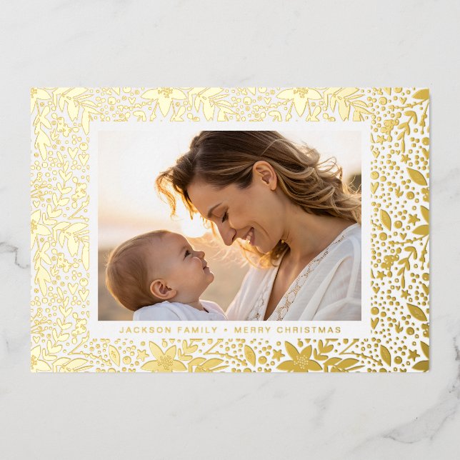 GOLD Botanical Christmas Frame Photo Foil Holiday Card (Front)