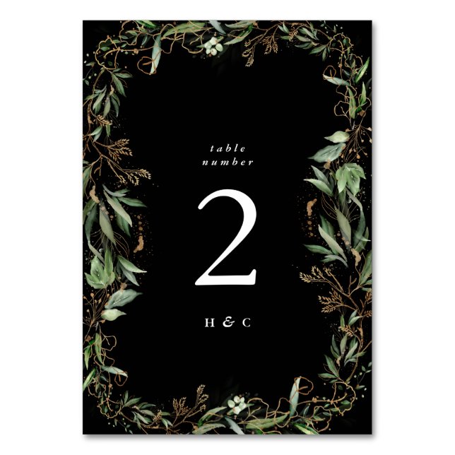 Gold Botanical Eucalyptus Elegant Greenery Black Table Number (Front)