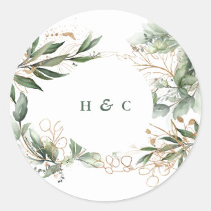 Gold Botanical Eucalyptus Elegant Greenery Emerald Classic Round Sticker