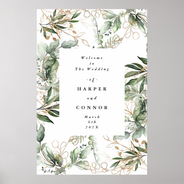 Gold Botanical Eucalyptus Elegant Greenery Moss Poster (Front)