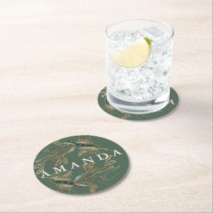 Gold Botanical Eucalyptus Elegant Greenery Moss Round Paper Coaster