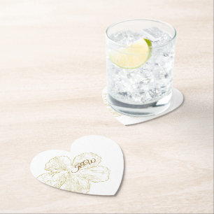 Gold Botanical Floral Wedding Heart Favour Tag Paper Coaster