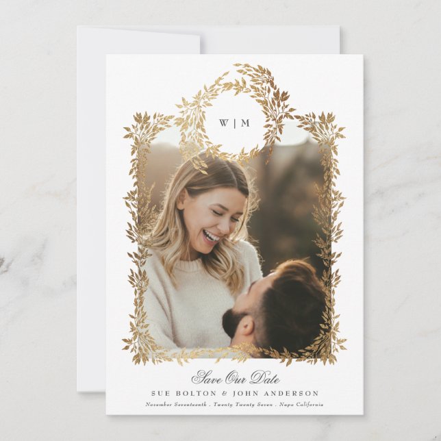 Gold Botanical Frame Photo Wedding Save The Date (Front)