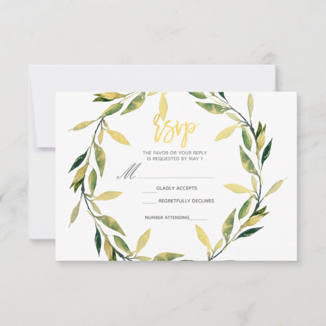 Gold Botanical Green Leaf Wreath Modern RSVP Reply Card (Front)