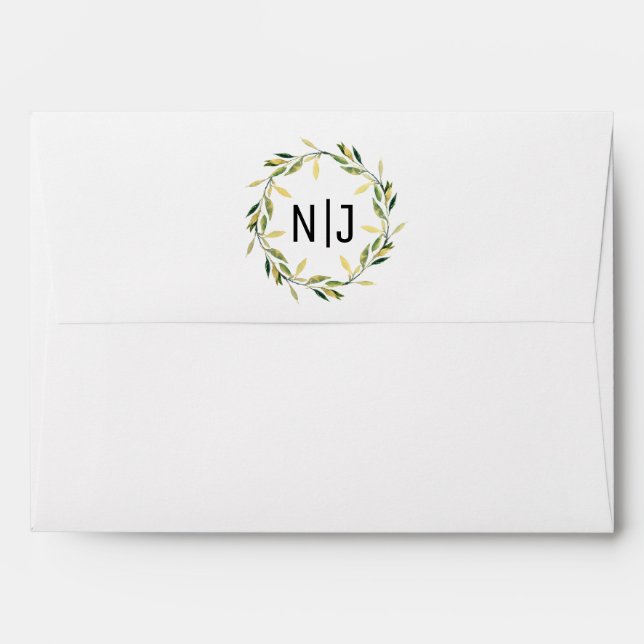 Gold Botanical Green Leaf Wreath Rustic Wedding Envelopes (Back (Top Flap))