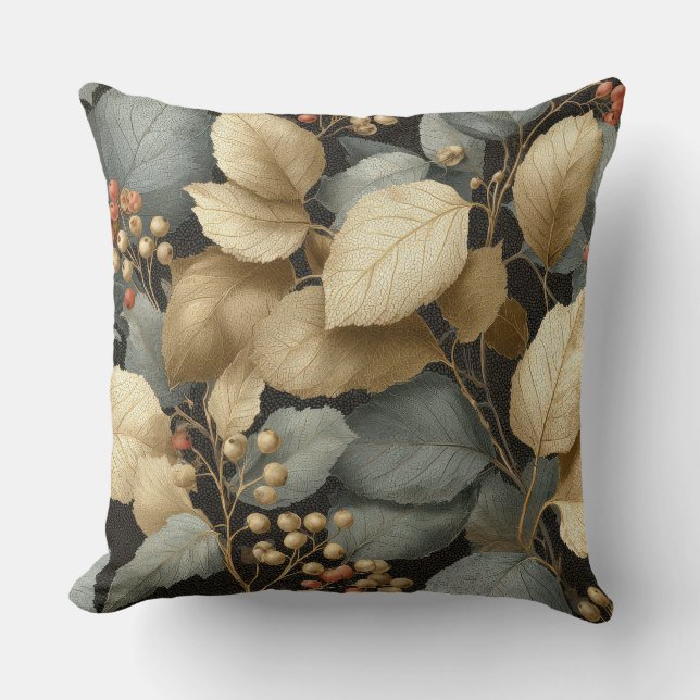 Gold Botanical Leaf Throw Pillow (Front)