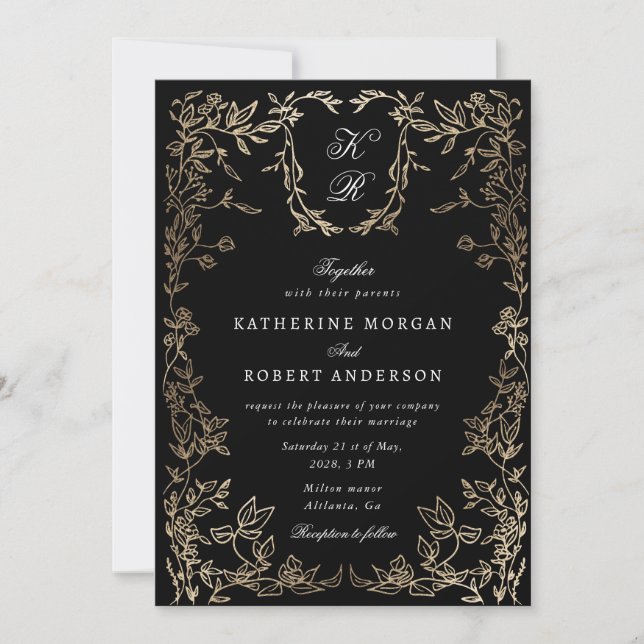 Gold Botanical Monogram Invitation (Front)