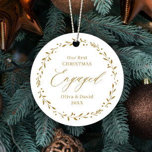 Gold Botanical Our First Christmas Engaged Metal Tree Decoration