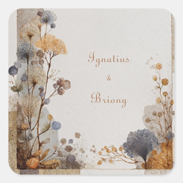 Gold Botanical Patchwork Dusty Blue Folk Wedding Square Sticker (Front)