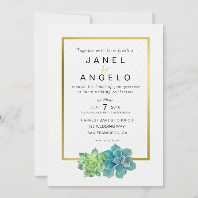 Gold Botanical Succulent Wedding invitation (Front)