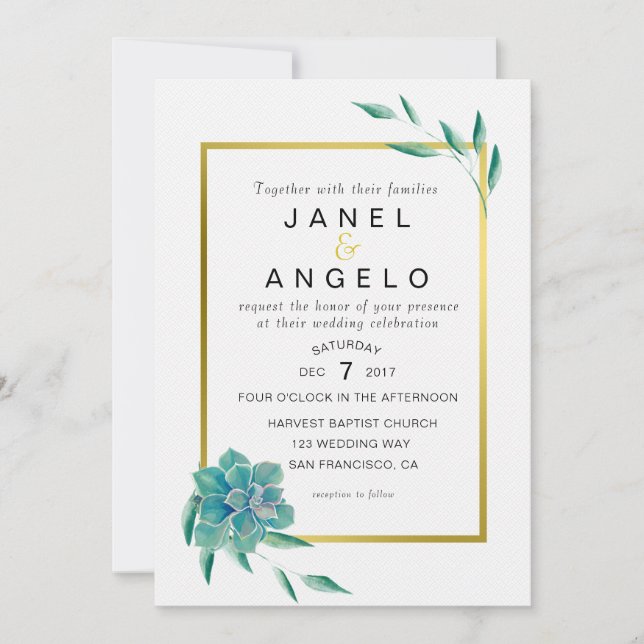 Gold Botanical Succulent Wedding invitation (Front)