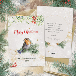 Gold Botanical Watercolor Robin Bird Christmas Holiday Card