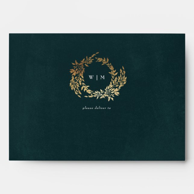 Gold Botanical Wedding Frame Classic Emerald Green Envelope (Front)