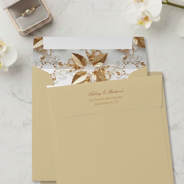 Gold Botanical Wedding Pre-Addressed Square Envelope (elegant gold botanical floral custom pre-addressed envelope)