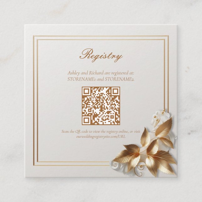 Gold Botanical Wedding Registry QR Code Enclosure Card (Front)