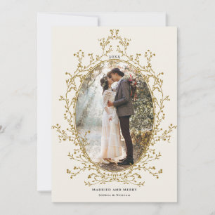 Gold Botanical Wreath Married & Merry Photo Holiday Card