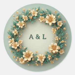 Gold Botanical Wreath On Green Background ✨ Classic Round Sticker