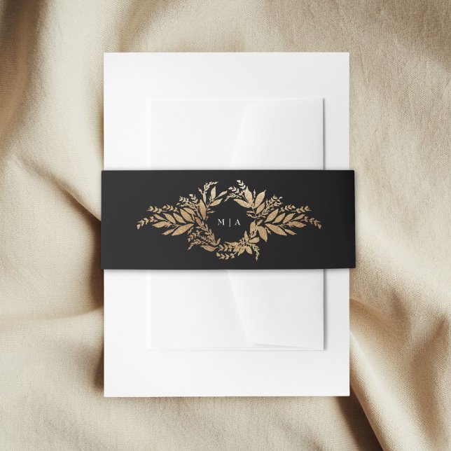 gold botanical wreath tuxedo monogram wedding invitation belly band (Creator Uploaded)