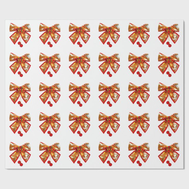 Gold Bow And Stars White Wrapping Paper (Flat)