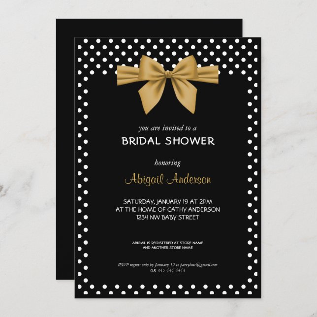 Gold Bow Black and White Polka Dots Bridal Shower  Invitation (Front/Back)