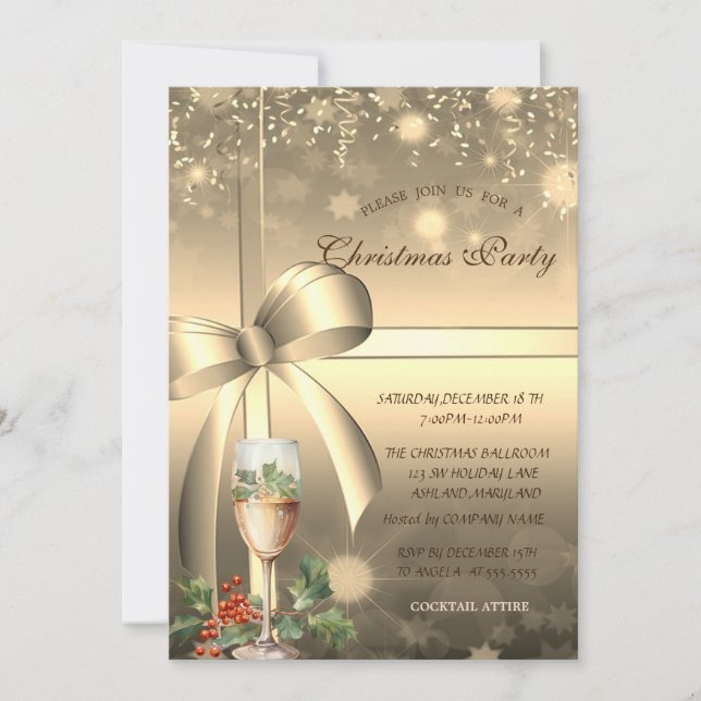 Gold Bow, Champagne Berry Company Christmas Invitation (Front)