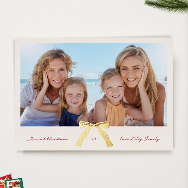 gold bow cream merriest christmas photo foil holiday card (Creator Uploaded)