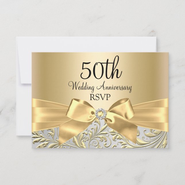 Gold Bow Floral Swirl 50th Anniversary RSVP (Front)