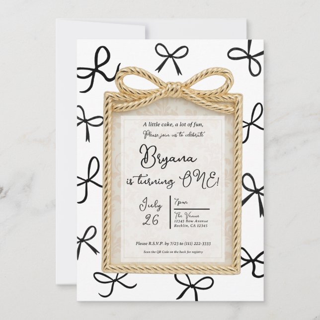 Gold Bow Frame Cute Black Bows White 1st Birthday Invitation (Front)