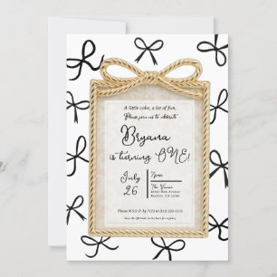 Gold Bow Frame Cute Black Bows White 1st Birthday Invitation