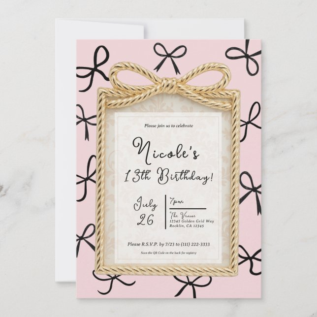 Gold Bow Frame & Little Black Bows Pink Birthday  Invitation (Front)