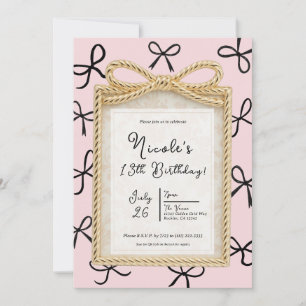Gold Bow Frame & Little Black Bows Pink Birthday  Invitation