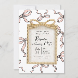 Gold Bow Frame Pink Ribbon Bow 1st Birthday Invitation