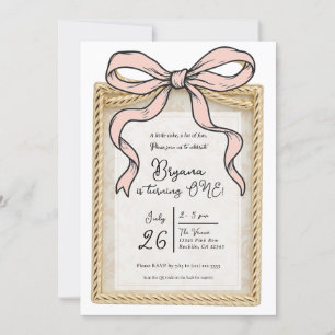 Gold Bow Frame Pink Ribbon Bow 1st Birthday Invitation