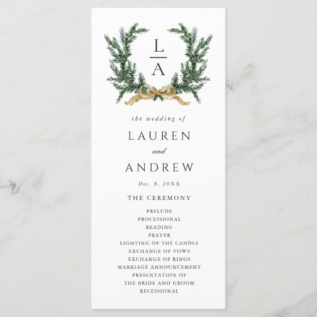 Gold Bow & Green Garland Wedding Ceremony Program (Front)