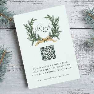 Gold Bow & Green Pine Wreath Wedding QR Code Mint RSVP Card