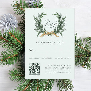 Gold Bow & Green Pine Wreath Wedding QR Code Mint RSVP Card
