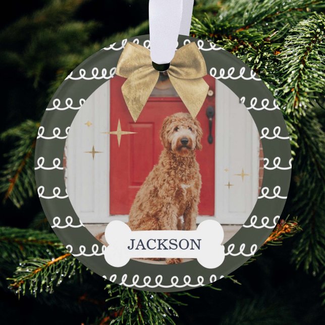 Gold Bow Green White Swirl Pattern Dog Bone Photo Ornament (Creator Uploaded)