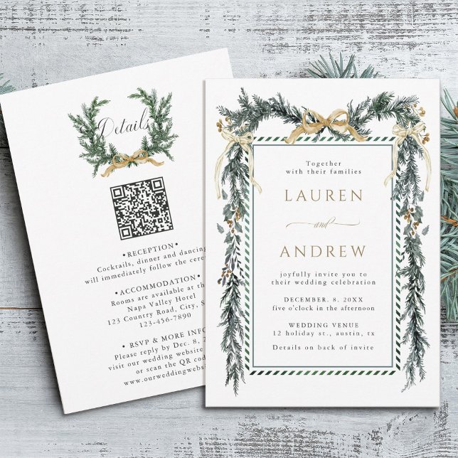Gold Bow & Greenery Garland Wedding All in One Invitation (Front & Back)