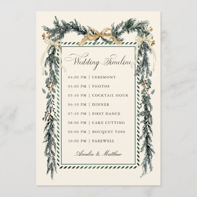 Gold Bow & Greenery Garland Wedding Timeline Ivory Program (Front)