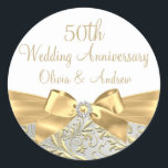 Gold Bow Leaf White 50th Wedding Anniversary Classic Round Sticker<br><div class="desc">Gold Bow Leaf White 50th Wedding Anniversary  Sticker. Elegant gold diamond bow & floral swirl design. Please note: All flat images! They do not have real jewels!</div>