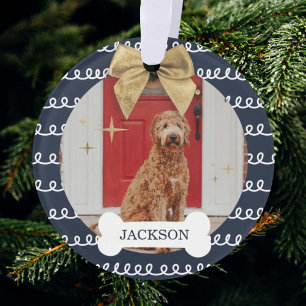 Gold Bow Navy & White Swirl Pattern Dog Bone Photo Ornament