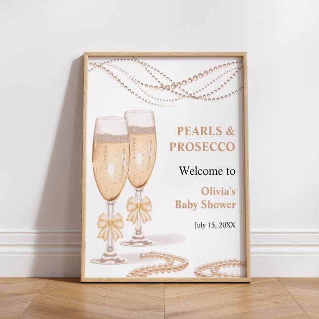 Gold Bow Pearls and Prosecco Bridal Shower Welcome Poster (Gold Bow Pearls and Prosecco Bridal Shower Welcome Sign )