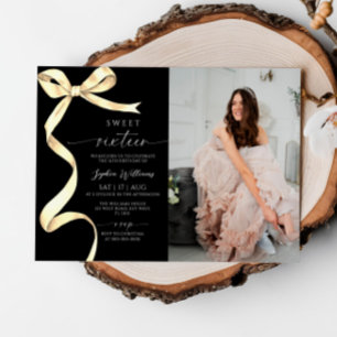 Gold Bow Photo Sweet 16 Birthday Invitation