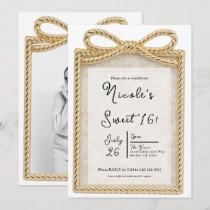 Gold Bow Present Gift Box Sweet 16 Party Photo  Invitation