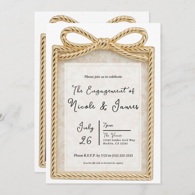 Gold Bow Present Gift Photo Engagement Party  Invitation (Front/Back)