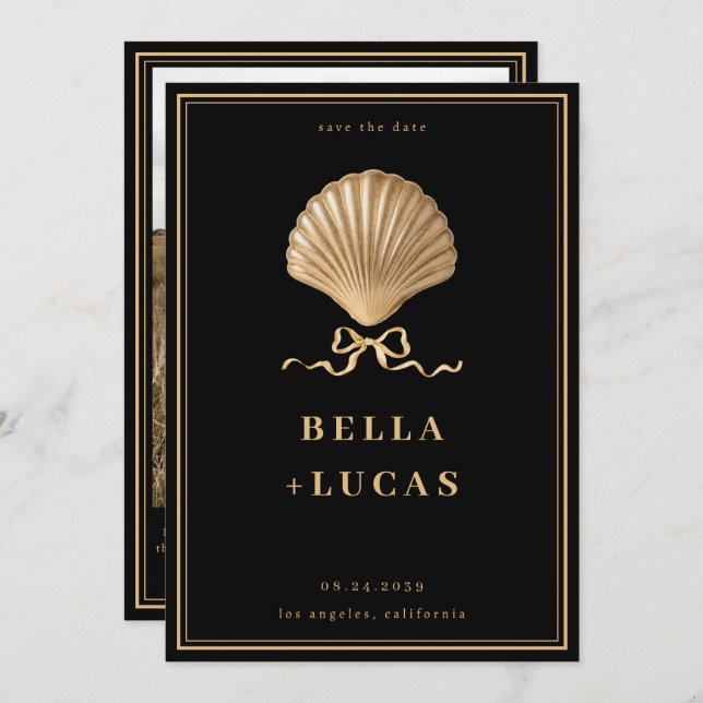 Gold Bow Seashell Luxury Coastal Wedding Save The Date (Front/Back)
