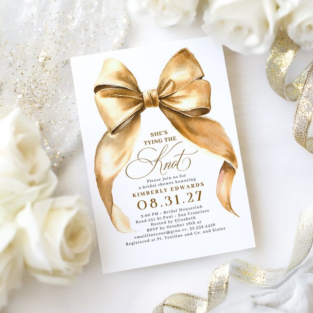 Gold Bow She's Tying the Knot Bridal Shower Invitation (bow bridal shower invitations)